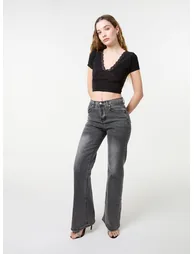 Slinky V Neck Top With Lace Trim