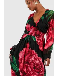 Tall Floral Print Dobby Shirred Maxi Dress - black - 3