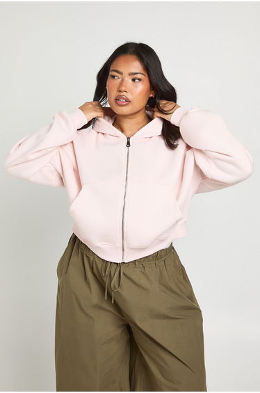 Plus Core Basic Boxy Balloon Sleeve Oversized Zip Through Hoodie
