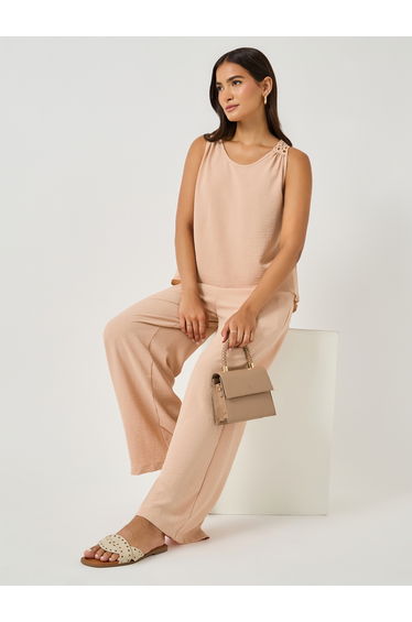 Solid Lace Insert Sleeveless Top and Wide Leg Pants Co-Ords