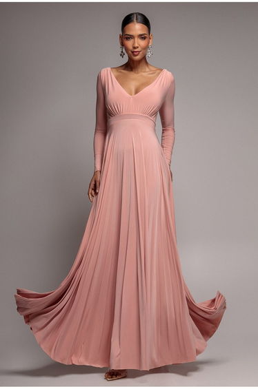 Plunge Neck Long Sleeve A Line Maxi Dress - Blush Pink by Goddiva
