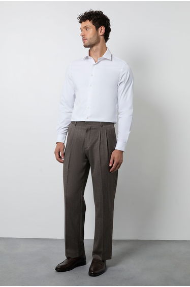 Brown Herringbone Pleated Relaxed Fit Suit Trouser
