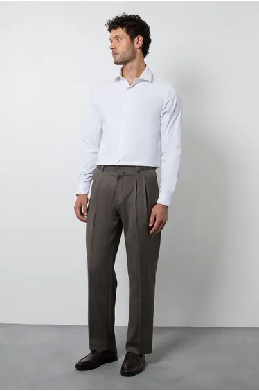 Brown Herringbone Pleated Relaxed Fit Suit Trouser