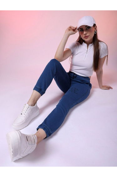 Women Blue Regular Fit Placement Print Joggers