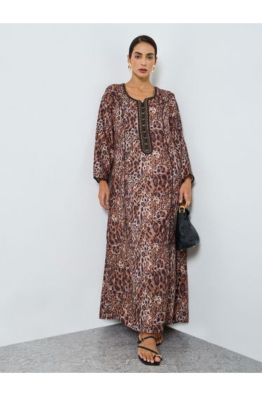 Women Leopard Print Embroidered A-Line Jalabiya