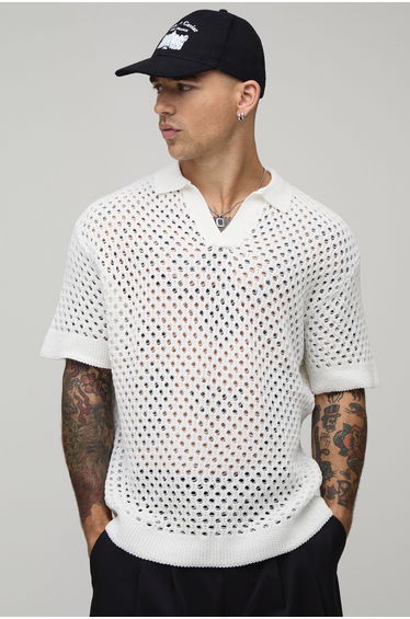 Relaxed Open Stitch Knitted Polo - ecru
