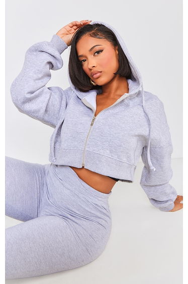 Shape Grey Marl Zip Front Long Sleeve Cropped Hoodie