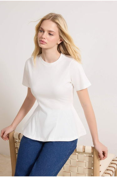 Ecru Peplum Short Sleeve 100% Cotton Knitted Blouse