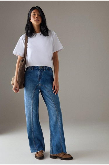 Washed Raw Waist Seam Detail Denim Dad Jean