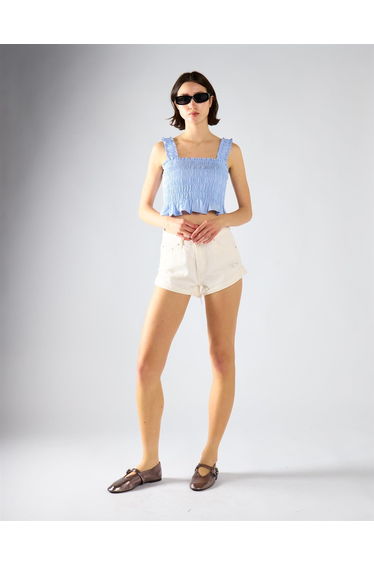 Ruched Frill Crop Top - Light Blue