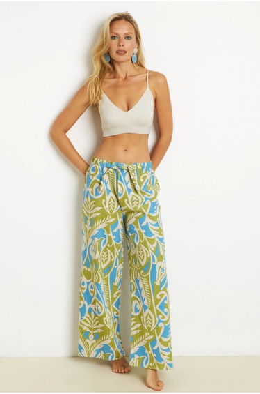 Women's Green Palozzo Patterned Linen Trousers