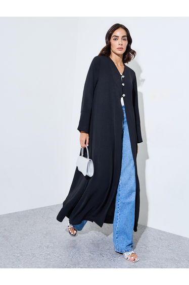 closed front abaya with crystal buttons
