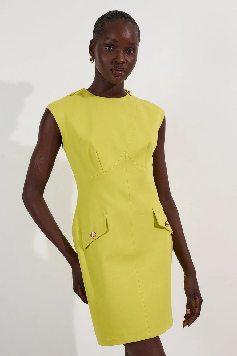 yellow dress with gold buttons Yellow Knit Bandage Bodycon Mini Dress With Gold Buttons S