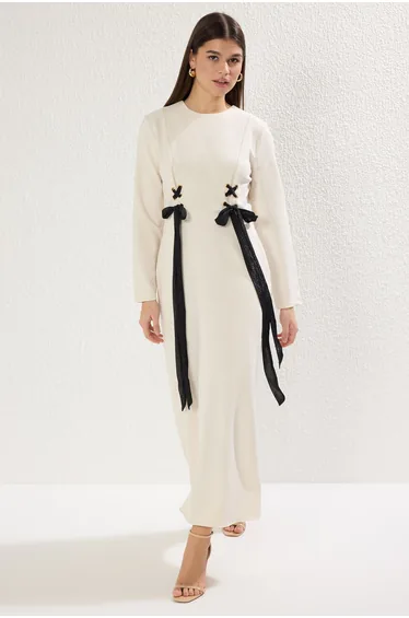 Cream Tie Detail Woven Fabric Dress