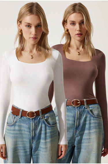 Women's Brown White Square Neck Double Pack Knitted Top