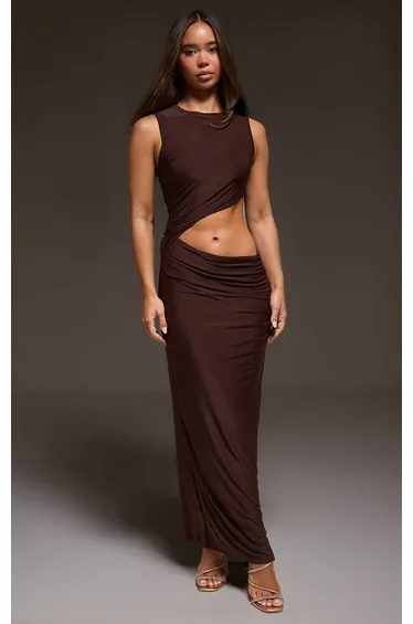 Chocolate Double Layer Slinky Cut Out Maxi Dress