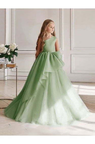 Girls Green Mesh One Shoulder Maxi Dress