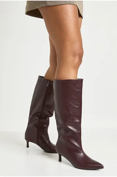Fold Over Knee High Mid Stiletto Heeled Boots - burgundy