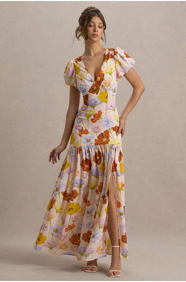 Ginny | Bright Floral Print Puff-Sleeve Split Maxi Dress