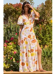 Ginny | Bright Floral Print Puff-Sleeve Split Maxi Dress - 6