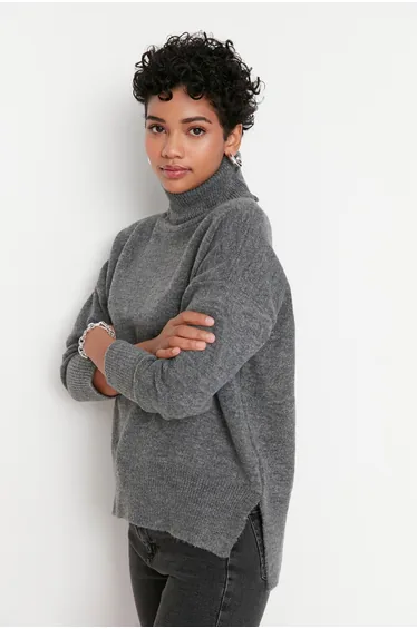 Anthracite Soft Textured Turtleneck Knitwear Sweater