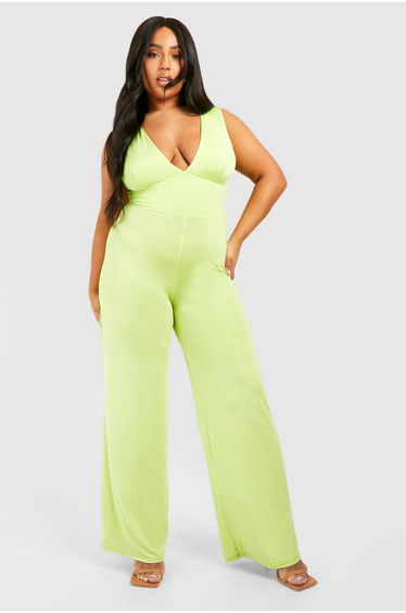 Plus Slinky Plunge Wide Leg Jumpsuit - lime