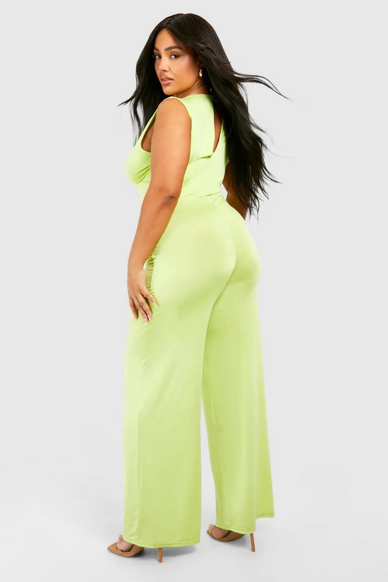 Plus Slinky Plunge Wide Leg Jumpsuit - lime - 1