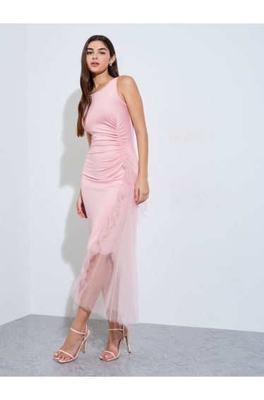 Pink Bodycon Midi Dress with Tulle Detail