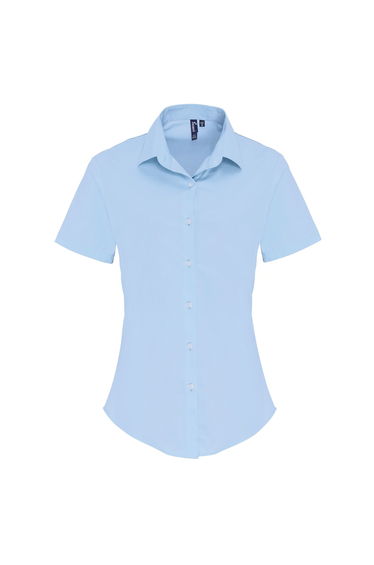 Premier Womens/Ladies Stretch Fit Poplin Short Sleeve Blouse - Pale Blue