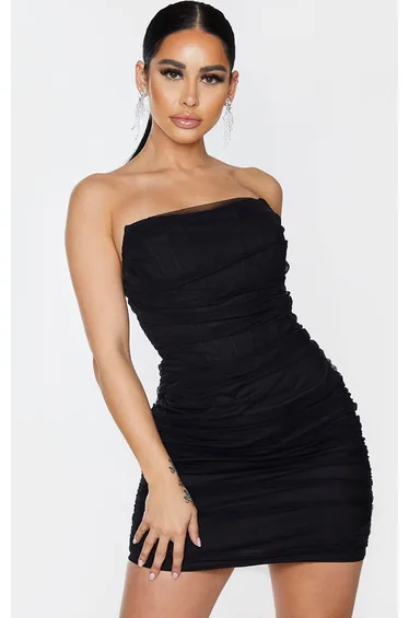 Shape Black Mesh Corset Detail Ruched Bodycon Dress