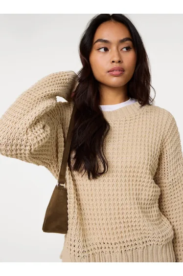 سترة بينك فانيلا بيج محبوك بأكمام طويلة