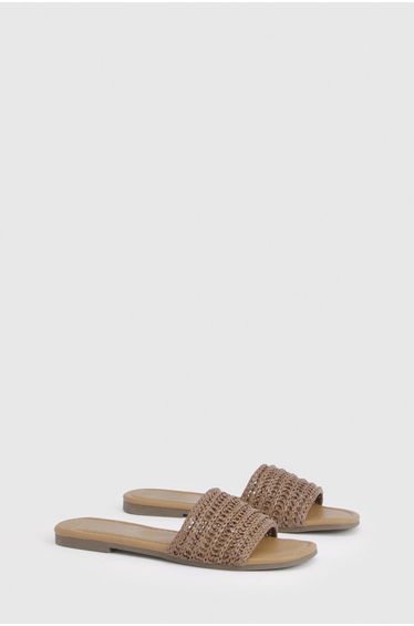 Crochet Square Toe Sliders - beige