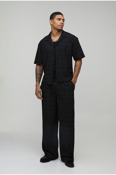 Checked Oversized Boxy Shirt & Baggy Trouser Set - black