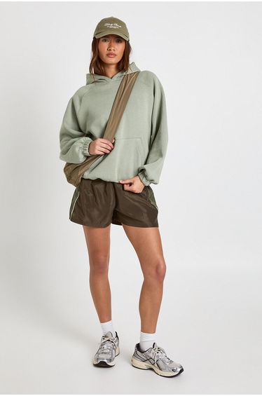 Nylon High Waist Contrast Panel Track Shorts - olive