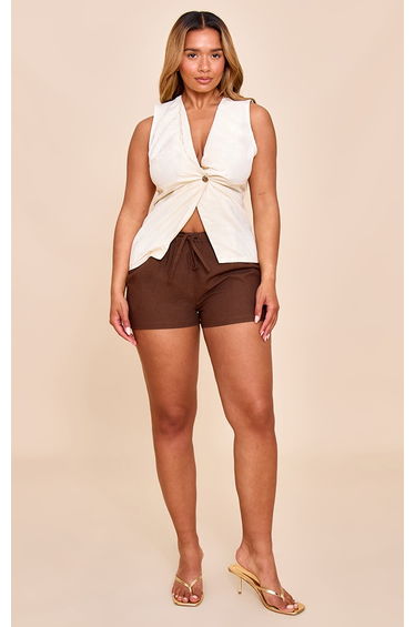 Shape Cream Linen Plunge Front Ruched Gold Hammered Button Waistcoat