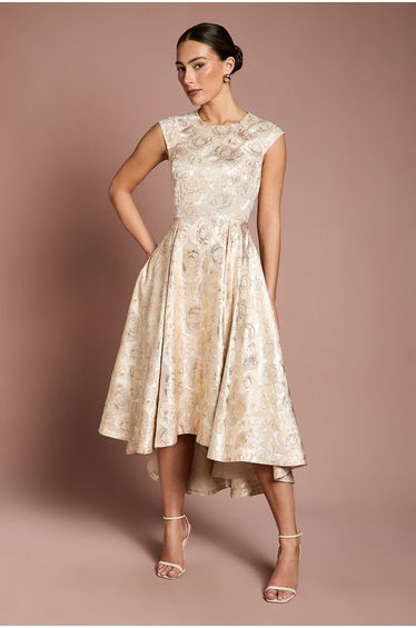 Cap Sleeve High Low Jacquard Midi Dress