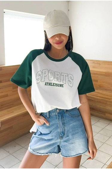 Women's Cotton White Sleeves Green Sports Printed Crew Neck Oversize Boyfriend T-shirt