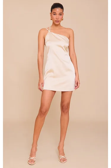 Natural Satin One Shoulder Tie Back Mini Dress