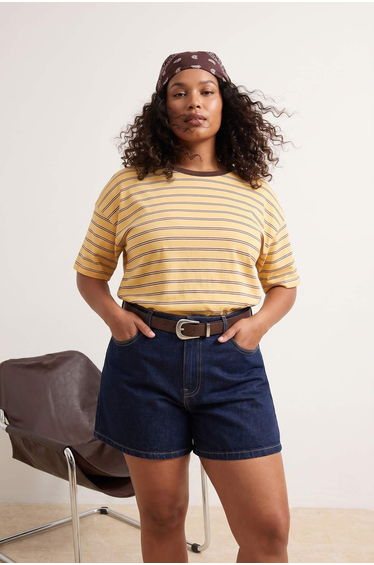 Yellow Striped Boxy/Relaxed Fit Short Sleeve Cotton Blend Knitted T-Shirt