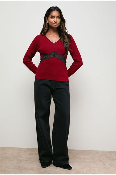 Contrast Lace V Neck Knitted Top