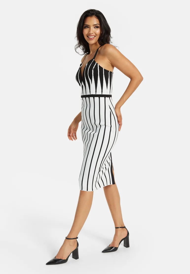 Women's Midi Dress with Spaghetti Straps in Black and White Stripes . - 2