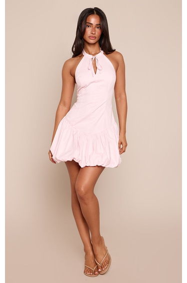 Petite Baby Pink Cut Out Tie Neck Woven Puffball Mini Dress