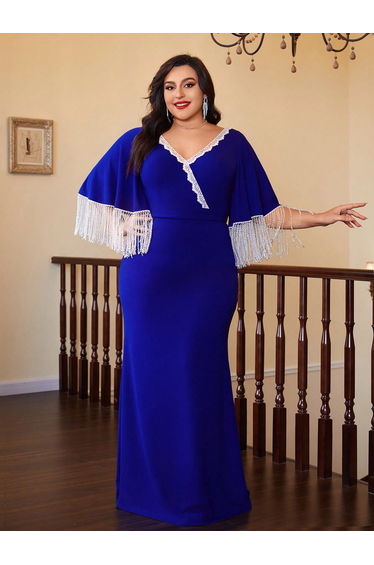 Leely Plus Women's Elegant V Neck Flounce Sleeve Party Dress