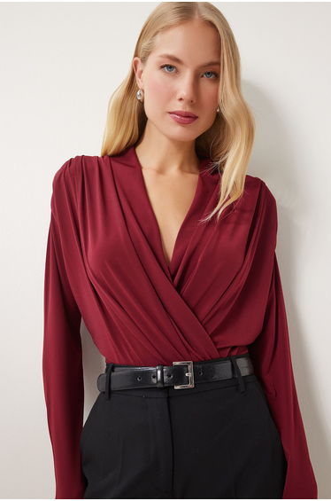 Women's Claret Red Wrap Collar Padded Snap Sandy Blouse
