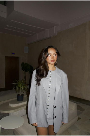 Grey Pinstripe Collared Oversized-Jacket