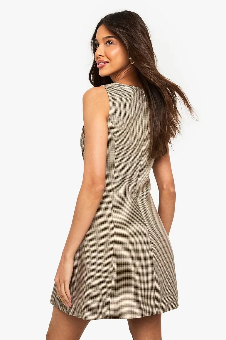 Check Herringbone Square Neck Tailored Buckle Detail Mini Dress - brown - 2