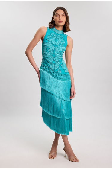 Fringed Asymmetric Beaded Halter Neck Woven Maxi Dress