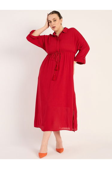 Textured Crinkled Shirt Midi Dress with Side Slit