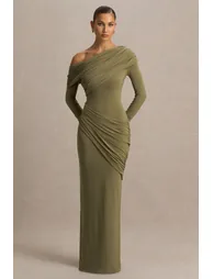 فستان ماكسي مزموم بياقة غير متناظرة - أخضر - 2