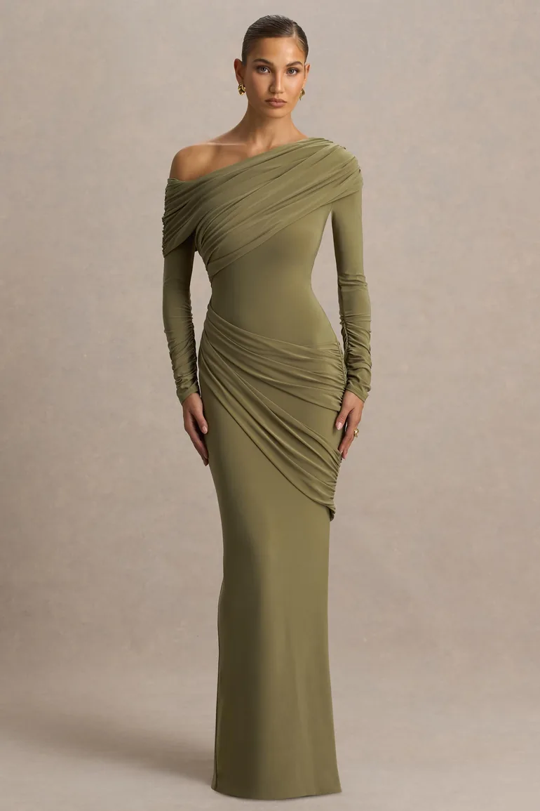 فستان ماكسي مزموم بياقة غير متناظرة - أخضر